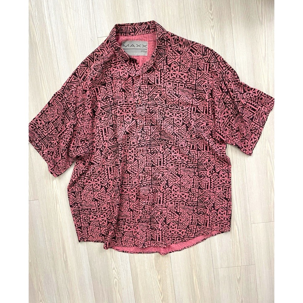 MAXX FM Men's Pink Black Geometric Short Sleeve Button-Up Shirt Sz L 80s Retro